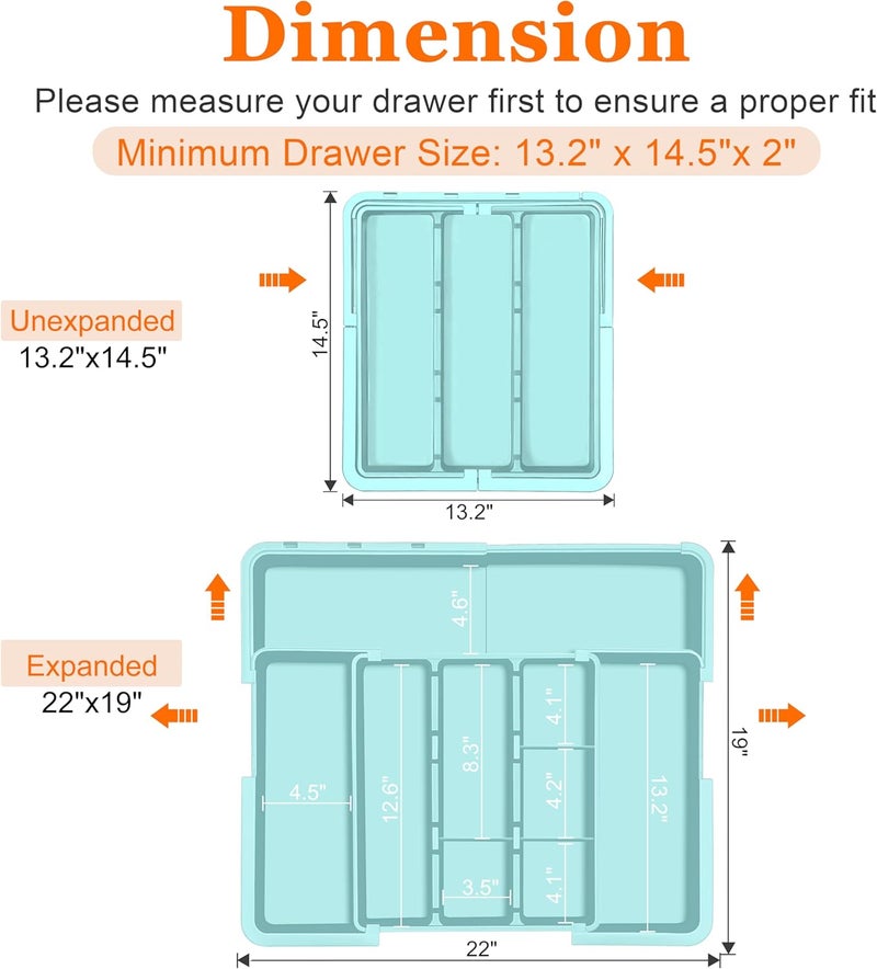 Spaclear Large Utensil Drawer Organizer Expandable Silverware Organizer for Kitchen Drawer Adjustable Cooking Utensil Holder Cutlery Flatware Tray Spatula Tools Gadgets Storage Dividers Plastic Turquoise - Image 4